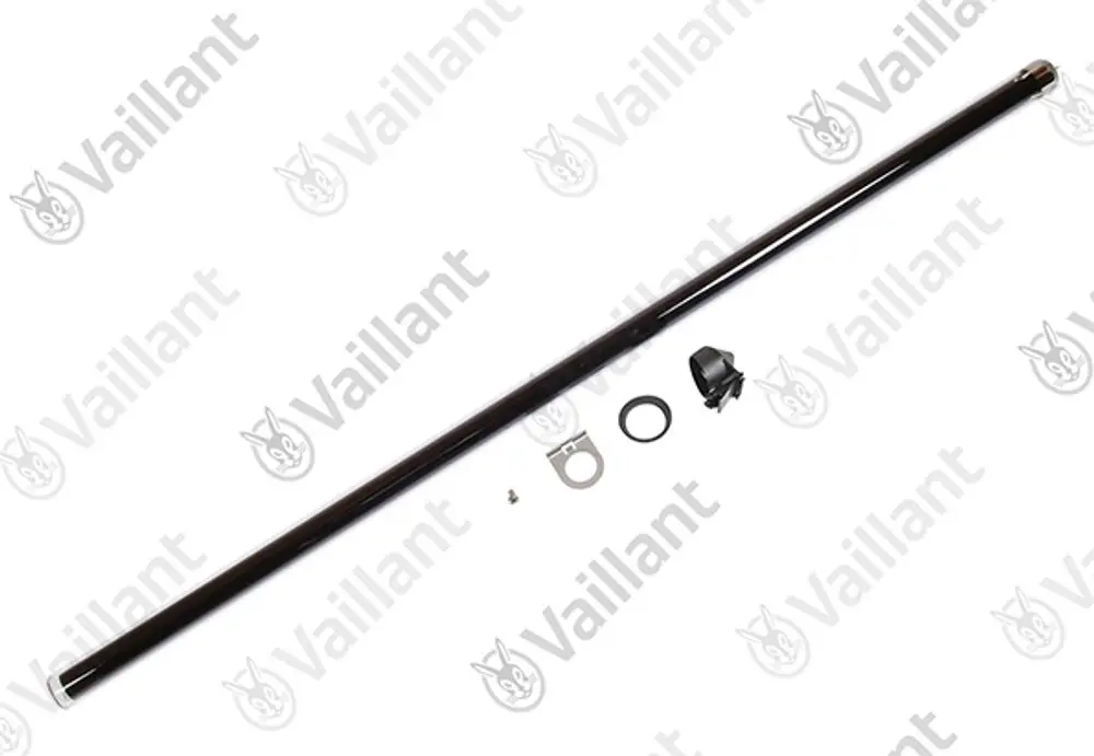 Vaillant Solar-Röhre in Schwarz, versehen mit einem Anschlussstück, einer Halterung und weiteren Befestigungselementen.